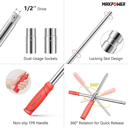 Miniatura 3 de MAXPOWER Llave para ruedas, Llave de neumático con transmisión de 1/2 pulgada y 2 piezas de llaves estándar (17 mm/19 mm, 21 mm/23 mm), Llave