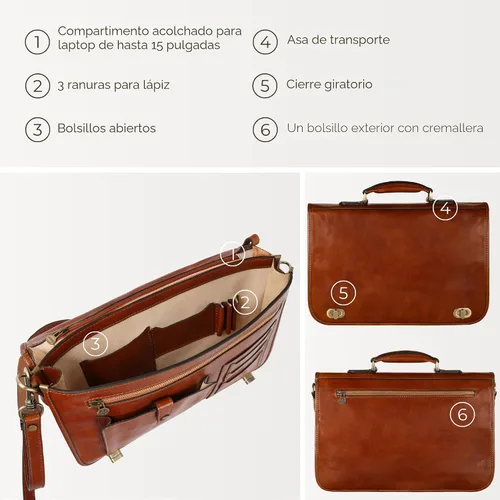 Miniatura 6 de Time Resistance Maletín de cuero para hombres - Maletín para laptop de cuero italiano de grano completo - Bolso de mensajero - Caja de regalo Marrón