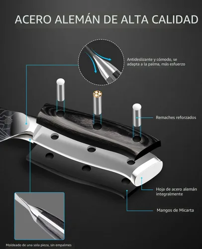 Miniatura 5 de MOSFiATA - Cuchillo de chef profesional súper afilado de 8 pulgadas con protector de dedos y sacapuntas, acero inoxidable alemán de alto carbono