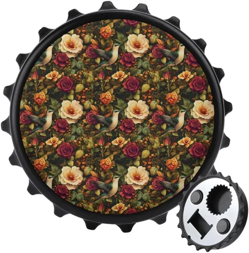 Magnetic Beer Bottle Opener - Vintage Flowers Hummingbird Print Portable One Handed Small Magnetic Bottle Opener for Fridge with Bartender and