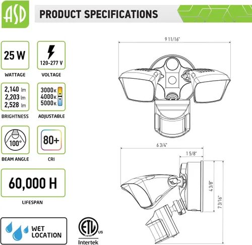 Miniatura 2 de ASD Luz LED de seguridad para exteriores de 25 W, 2500 lm, luz de inundación con sensor de movimiento, 3000 K/4000 K/5000 K, IP65 impermeable
