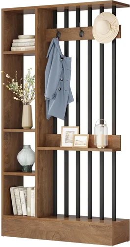 Miniatura 9 de Tribesigns Divisor de pared de habitación, estantería independiente de madera con estantes y ganchos para abrigos, partición de pared moderna de 71