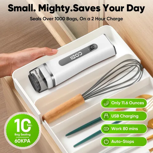 Miniatura 8 de COZII Sellador al vacío para alimentos, potente sellador al vacío de mano con 30 bolsas reutilizables, diseño recargable con tanque desmontable
