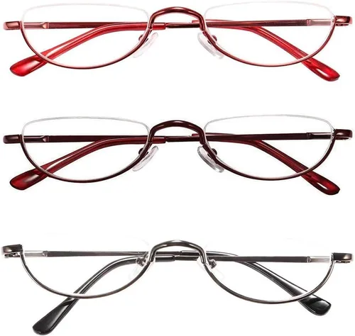 Miniatura 8 de Lentes de lectura de media lectura, 2 pares de lentes con marco de metal de medio borde, lectores de bisagra de resorte con bolsa de cuero para Azul