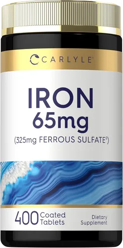 Carlyle Sulfato ferroso de hierro 325 mg, 65 mg | 400 tabletas | Sin OMG, sin gluten y suplemento vegetariano | Alta potencia