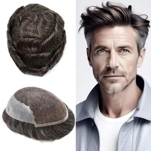 Miniatura 78 de Mens Toupee Human Hair Replacement System Swiss Lace Toupee For Men Hair Piece Protesis Capilar Mens Hairpiece 5X7#1 Jet Black 120% Density