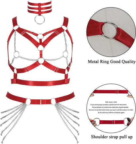 Miniatura 3 de Arnés de cuerpo de talla grande para mujer gorda y niña, cadena de metal, hueco completo, sujetador de jaula, medias de pierna, liguero, ropa gótica