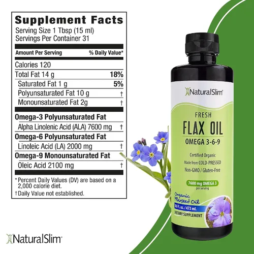 Miniatura 2 de NaturalSlim Aceite de linaza líquido de sabor fresco, aceite de lino orgánico prensado en frío y alto en Omega 3 6 9 ácidos grasos, suplemento