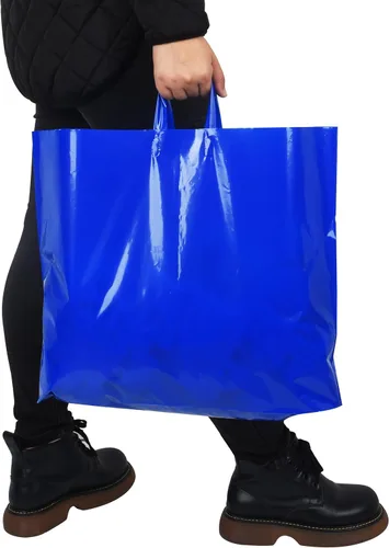 Miniatura 6 de Bolsas de compras de plástico grandes de 19 x 15 pulgadas con asas, bolsas de compras extra grandes para boutique de pequeñas empresas, tiendas Azul