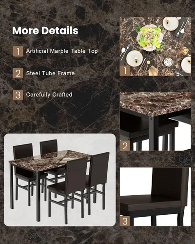 Miniatura 9 de Recaceik Juego de mesa de comedor para 4, cocina y sillas con mesa de mármol sintético y 4 habitaciones tapizadas de cuero, rincón de desayuno