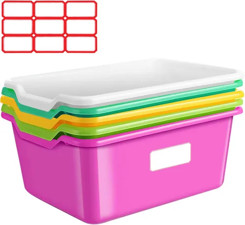 Paquete de 5 cubos de plástico, apilables con etiqueta adhesiva, organizador de libros de juguetes, para aula, biblioteca, sala de juegos,