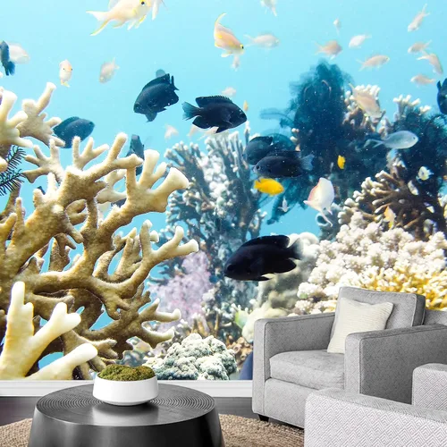 Miniatura 3 de SIGNWIN Adhesivo de pared extraíble / mural vibrante amarillo coral azul peces océano animales realismo de la naturaleza, playa náutica colorido