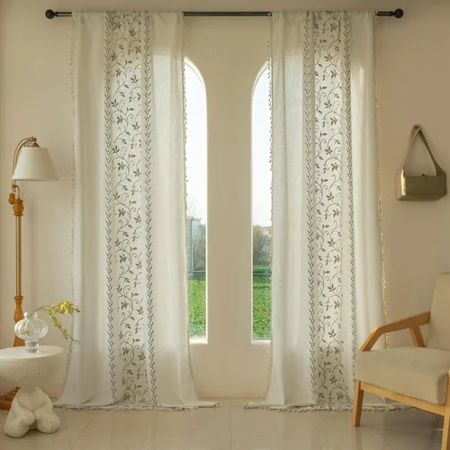 Miniatura 10 de BHUSB Cortinas rústicas para sala de estar de 63 pulgadas de largo, cortinas de ventana de lino y algodón con estampado floral bohemio, cortinas