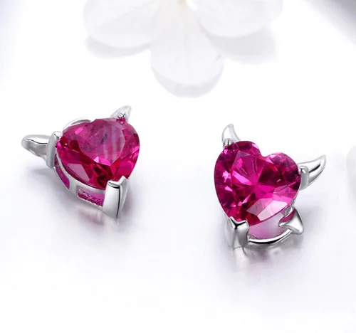 Miniatura 5 de Aretes de plata de ley 925 con forma de corazón de ángel y diablo para mujeres y niñas