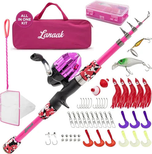 Miniatura 9 de Lanaak Caña de Pescar para Niños, Juego de Caña de Pescar Telescópica Portátil para Niños, Kit Combo de Caja de Aparejos y Red de Pesca, Equipo