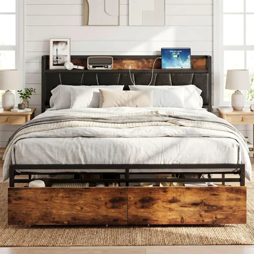 Miniatura 14 de LIKIMIO Base de cama tamaño King, cabecera de almacenamiento con estación de carga, cama de plataforma con cajones, no necesita somier, fácil Marrón