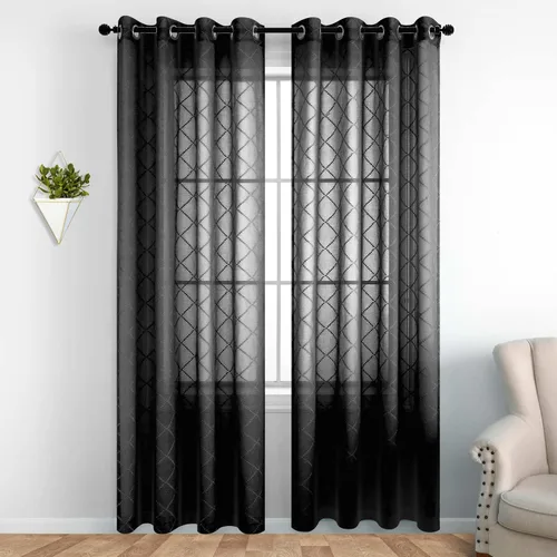 Miniatura 16 de KOUFALL Cortinas negras de 63 pulgadas de largo para dormitorio, juego de 2 paneles transparentes con ojales para ventana, cortinas geométricas