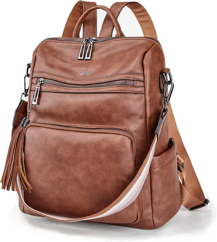 Miniatura 18 de OPAGE - Mochila de cuero para mujer, con borla de moda, bolso de hombro, mochila grande, bolsa de viaje, gris, L