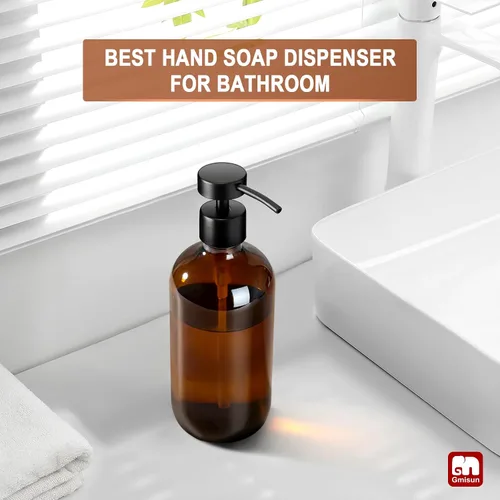Miniatura 5 de Dispensador de jabón de vidrio ámbar GMISUN, 1 paquete de dispensadores de jabón para platos para cocina con bomba de acero inoxidable a prueba