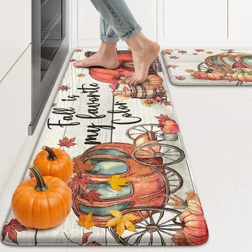 Miniatura 11 de KIMODE Tapetes Antifatiga para Piso de Cocina 17"x47"+17"x29", Juego de 2 Alfombras de Cocina a Cuadros Marrón y Blanco, Tapete de Cocina