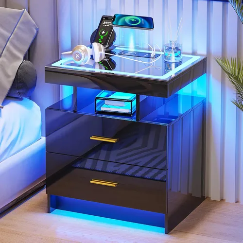 Miniatura 14 de HNEBC Mesita de noche LED con estación de carga, mesita de noche inteligente con luces de sensor de movimiento, 3 cajones, parte superior de vidrio