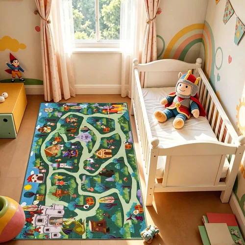 Miniatura 5 de LIVEBOX Alfombra lavable para sala de juegos para niños, alfombra de juego con caminos y aventuras en el bosque de fantasía, alfombra antideslizante