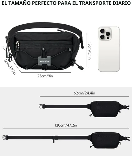 Miniatura 3 de WATERFLY Riñonera ligera y pequeña: Bolso de 1.5L, mini, delgado, cruzado, de cintura, con bloqueo RFID, antirrobo y resistente al agua para Negro