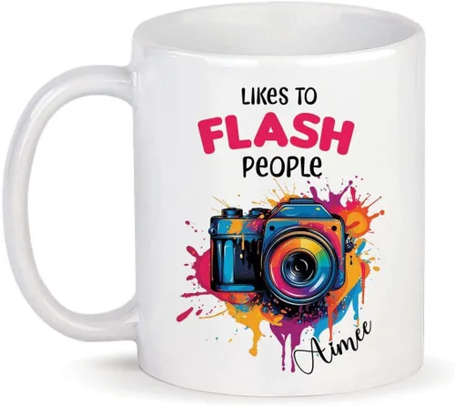 Taza personalizada con texto en inglés "Me gusta destellar", taza de té de cerámica con cámara colorida personalizada con nombre, tazas de café con