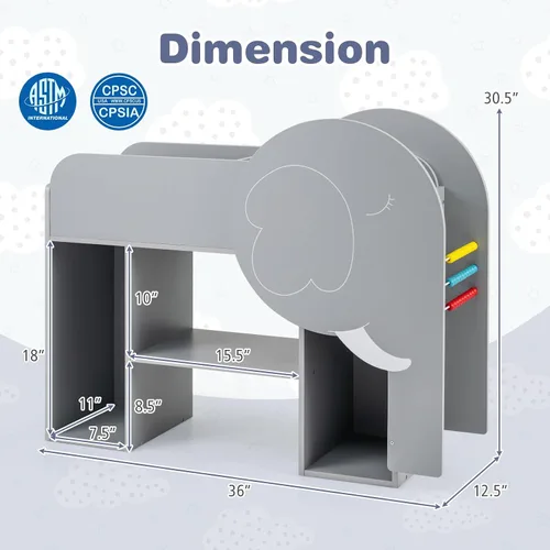 Miniatura 3 de Costzon Estantería elefante para niños, organizador de almacenamiento de juguetes de 3 niveles con pizarra, 5 cubos y juguete de ábaco de 3 filas