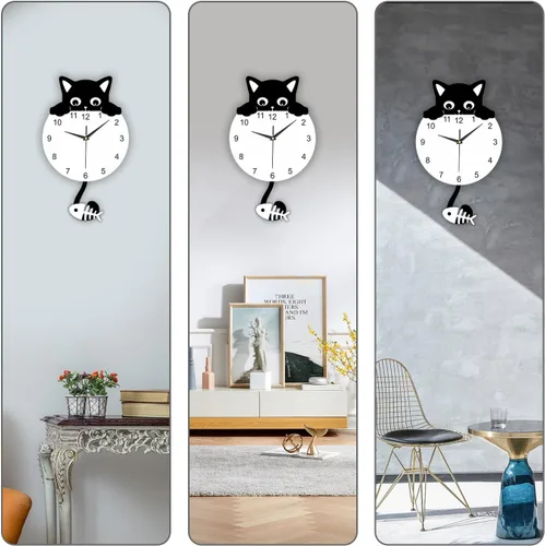 Miniatura 7 de Reloj de pared con péndulo de gato negro con cola oscilante, divertido reloj de gato con cola móvil, fácil de montar, gatitos y peces de lujo, reloj