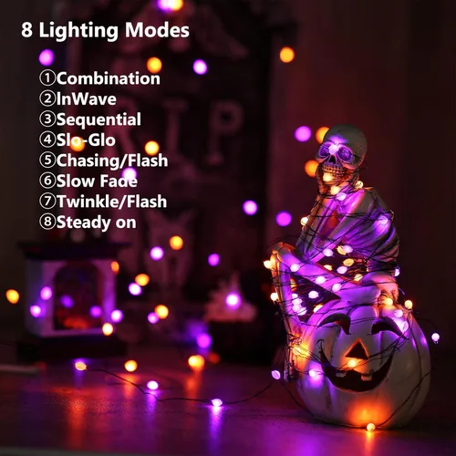 Miniatura 2 de iBaycon Paquete de 2 50 luces LED de Halloween a batería, 16.4 pies, funciona con pilas, luces de Halloween naranja y morado, impermeables, con 8