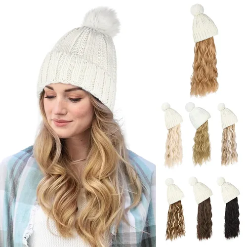 Miniatura 16 de Flufymooz Gorro con peluca, extensión de pelo con gorro de piel sintética con pompón largo ondulado rizado, peluca con gorro adjunto de 20 pulgadas