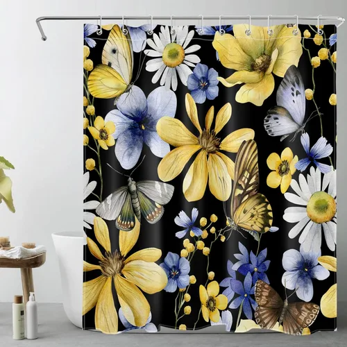 Miniatura 5 de Watercolor Plant Flower Shower Curtain Blue Yellow Floral and Retro Butterfly on Beige Shower Curtain Set for Bathroom Rustic Nature Fabric Bath