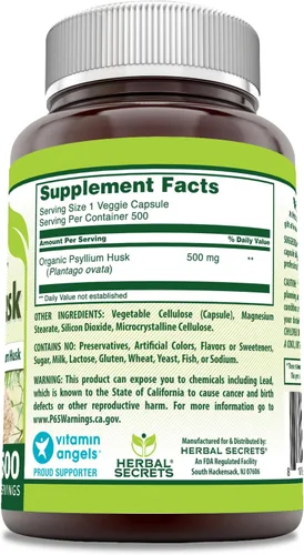 Miniatura 2 de Herbal Secrets Suplemento de cáscara de psyllium 500 mg por porción 500 cápsulas vegetales Sin OMG Sin gluten Fabricado en Estados Unidos