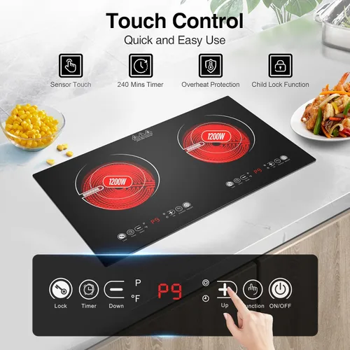 Miniatura 6 de VBGK Placa de cocina eléctrica de 3 quemadores, estufa eléctrica de 24 pulgadas, control táctil y de perilla, LED, 9 niveles de potencia, bloqueo