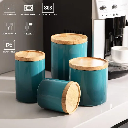 Miniatura 2 de Sweejar Tarro de cerámica para almacenar alimentos, recipientes de cocina apilables, recipientes con tapa de madera hermética para servir café Azul