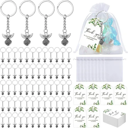 Hicarer Juego de 180 piezas de regalos fúnebres de agradecimiento, 60 piezas de dijes de ángel, llavero de ángel, 60 bolsas de organza blanca, 60