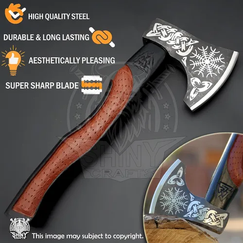 Miniatura 3 de Hacha vikinga hecha a mano – Hoja nórdica grabada con mango de madera, regalo único para hombres, coleccionistas y entusiastas de la fantasía SCA-01