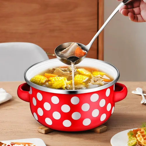 Miniatura 3 de Juego de 3 mini ollas de cocina esmaltadas con asas dobles y tapas, parte inferior plana para calefacción uniforme para sopas, salsas, guisos, uso