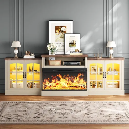 Miniatura 16 de MXV - Soporte de chimenea para TV de 59 pulgadas, centro de entretenimiento estilo granja con soporte de TV de 3 lados de vidrio, consola multimedia
