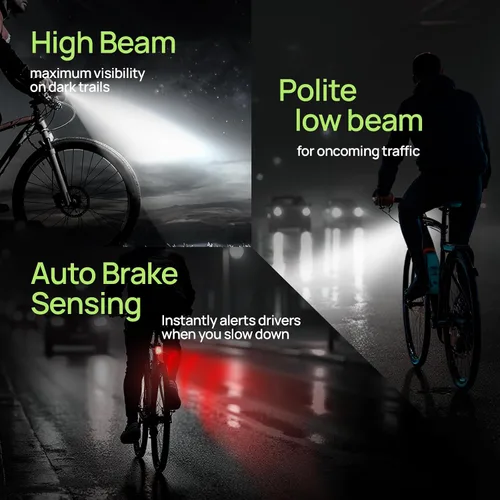 Miniatura 2 de Luces inteligentes para bicicleta delanteras y traseras, kit R15, recargable por USB C con detección automática de frenos, 500 lúmenes impermeable
