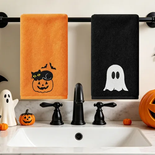 Miniatura 7 de Hexagram Halloween Hand Towels for Bathroom Set of 2, Black and Orange Halloween Bathroom Decor Embroidered Ghost Pattern, Soft Luxury Hand Towels