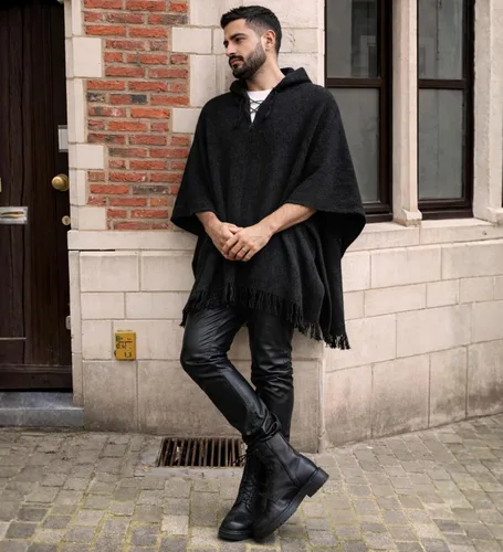 Miniatura 4 de Poncho de lana de alpaca Gamboa para hombre, panchos mexicanos con capucha para adultos, poncho de vaquero y estilo western hippie para hombre