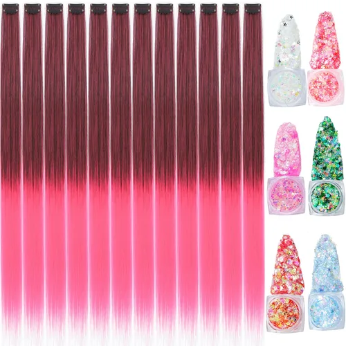 Miniatura 17 de Extensiones de cabello de colores, extensión de cabello liso con clip de 22 pulgadas, extensiones de cabello con brillantina multicolor arcoíris