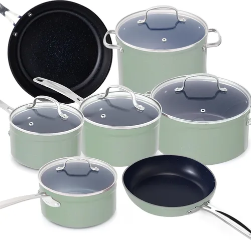 Miniatura 19 de Nuwave - Juego de 12 utensilios de cocina forjados y ligeros, revestimiento ultra antiadherente de cerámica Duralon G10 saludable, tapas de vidrio
