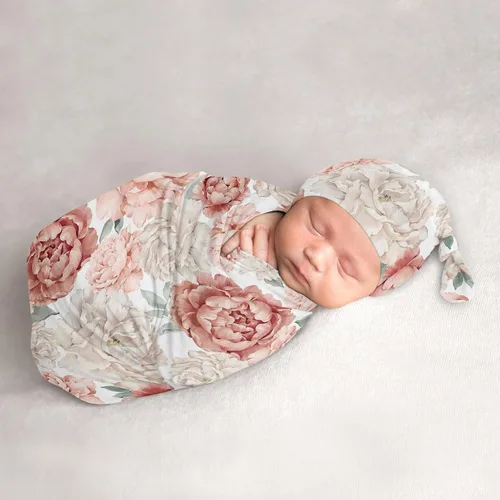Miniatura 12 de Sweet Jojo Designs Juego de 2 gorros y capullos florales de acuarela para bebé, saco de dormir de punto elástico para bebé, recién nacido, saco