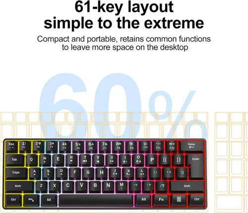 Miniatura 6 de Teclado de memoria para juegos RGB con cable. 60% Mini teclado de computadora LED cremoso. Teclado ergonómico pequeño con teclas inreemplazables
