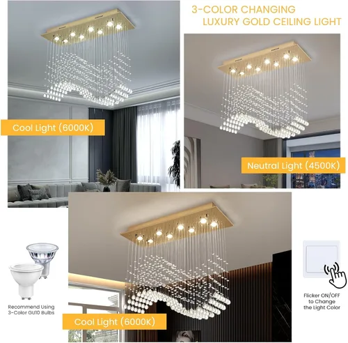 Miniatura 7 de Siljoy Candelabro de Cristal Rectangular Dorado para Comedor, 31.5'' Candelabro de Cristal Moderno con Gotas de Lluvia Onduladas, Lámpara Colgante
