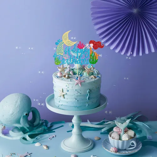 Miniatura 7 de Gyufise 1 pieza de decoración de pastel de sirena de feliz cumpleaños con purpurina de animales del océano, conchas marinas, cola de sirena