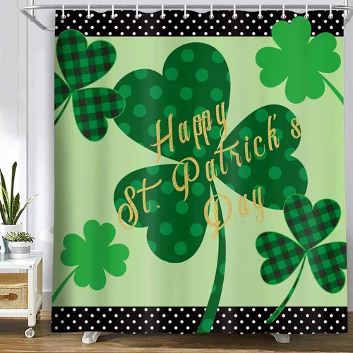 Miniatura 11 de MERCHR Cortina de ducha del día de San Patricio, trébol verde, hoja de trébol, diseño de elfo irlandés, gnomo irlandés, tela decorativa a cuadros